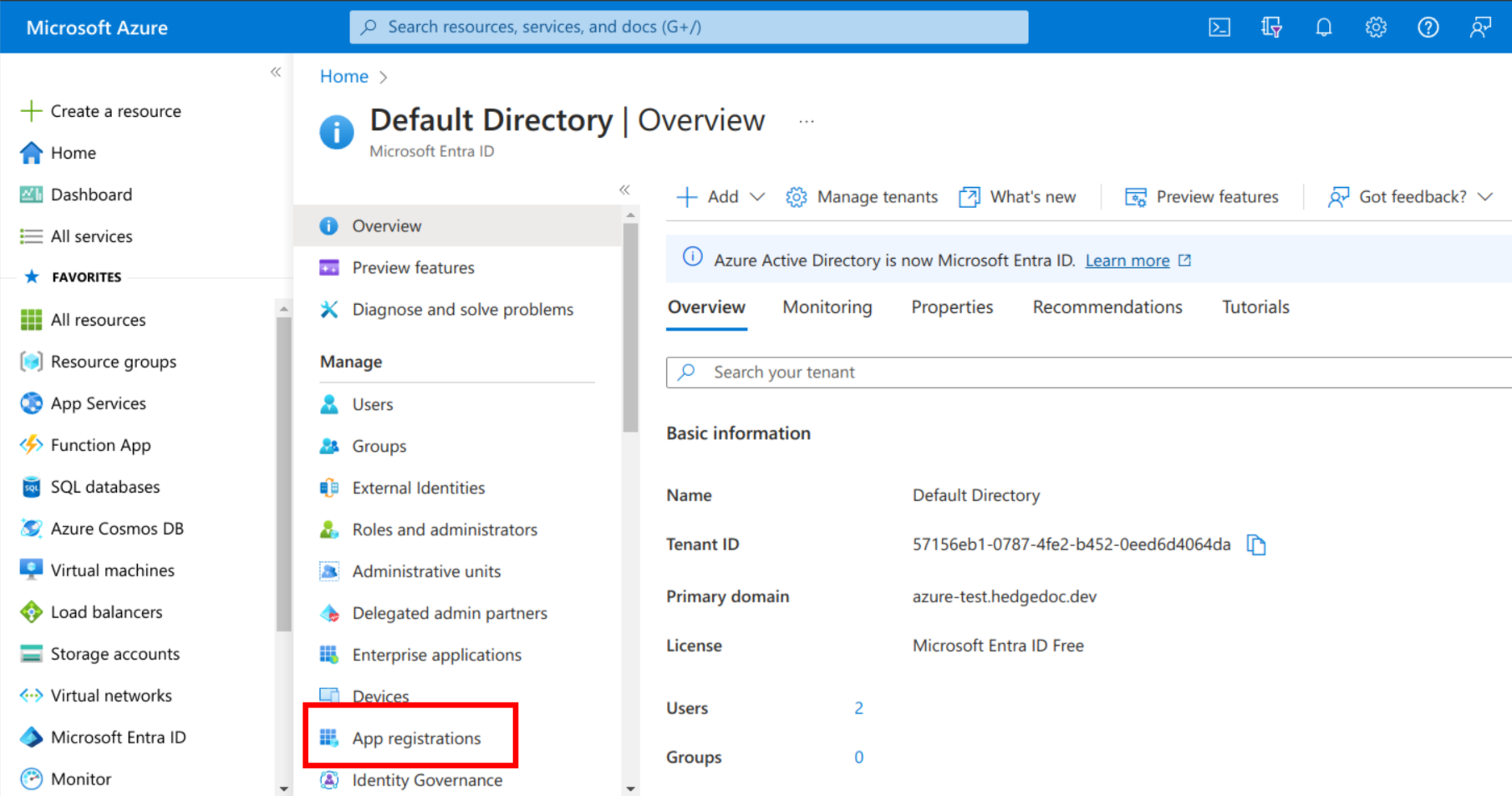 Azure Portal with Microsoft Entra ID service dashboard