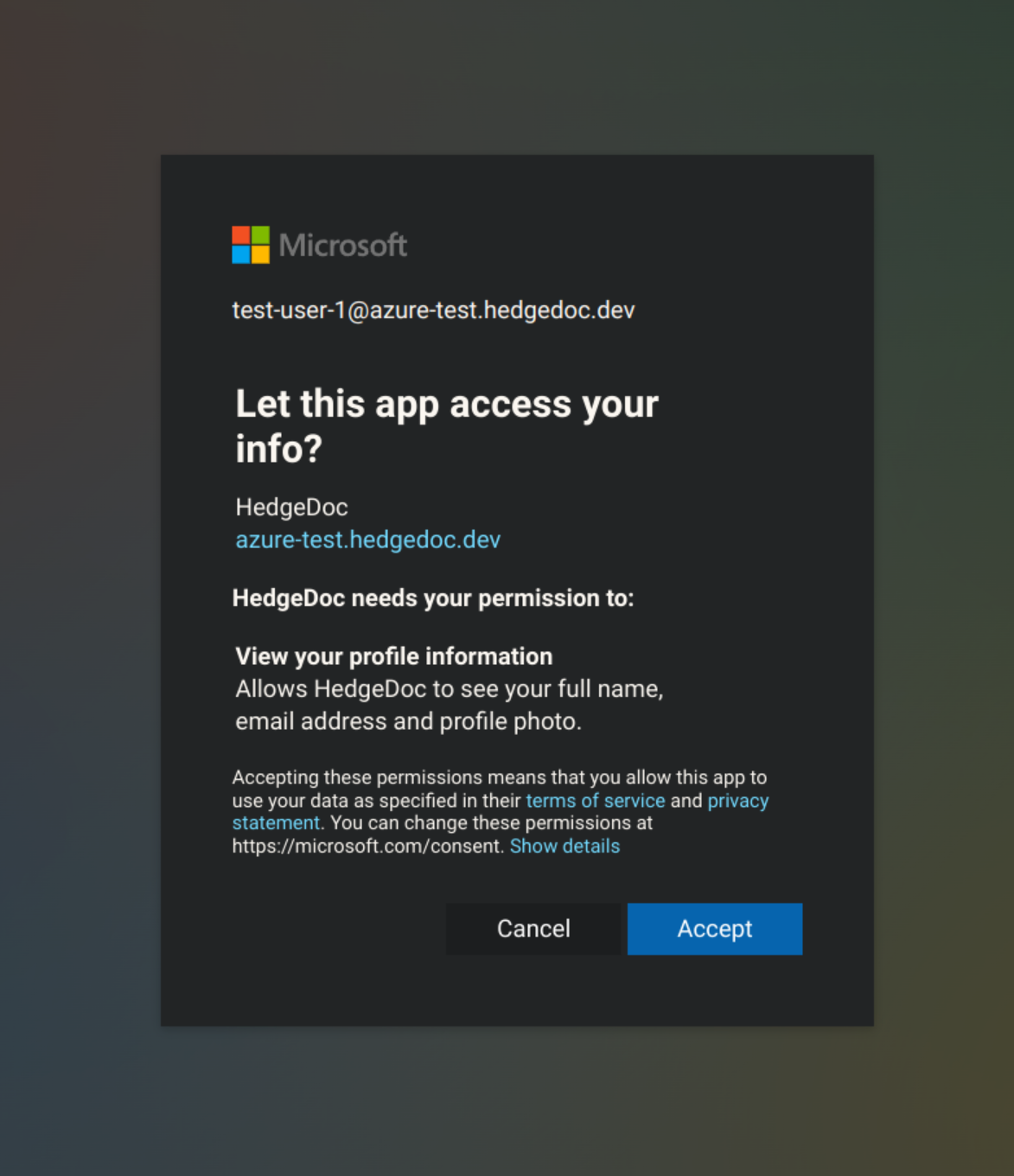 Microsoft login page asking for permissions